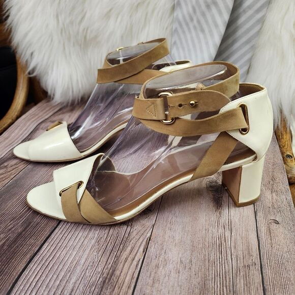 Pierre Hardy Cream/Tan Vtg Leather Ankle Wrap Block Heel Shoes Sz 40/9 - Picture 16 of 16